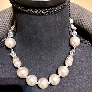 Vintage 1980s Glam Faux Pearl & Crystal Beaded Necklace Knotted Silver Accents